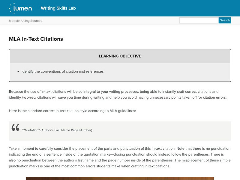 Lumen: Using Source: Mla in Text Citations Lesson Plan Lumen: Using Source: Mla in Text Citations Lesson Plan