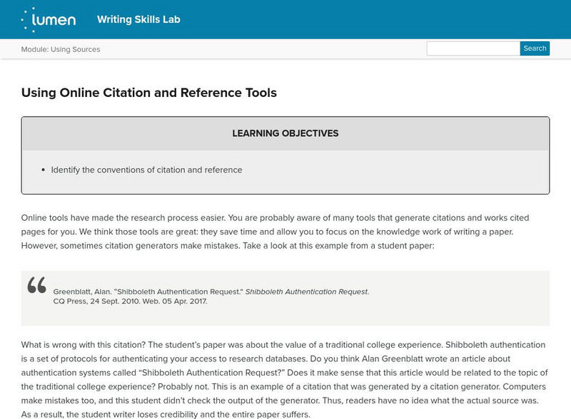 Lumen: Using Sources: Using Online Citation and Reference Tools Lesson Plan