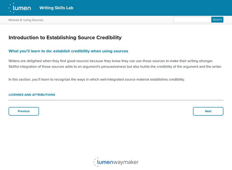 Lumen: Using Sources: Introduction to Establishing Source Credibility Article Lumen: Using Sources: Introduction to Establishing Source Credibility Article