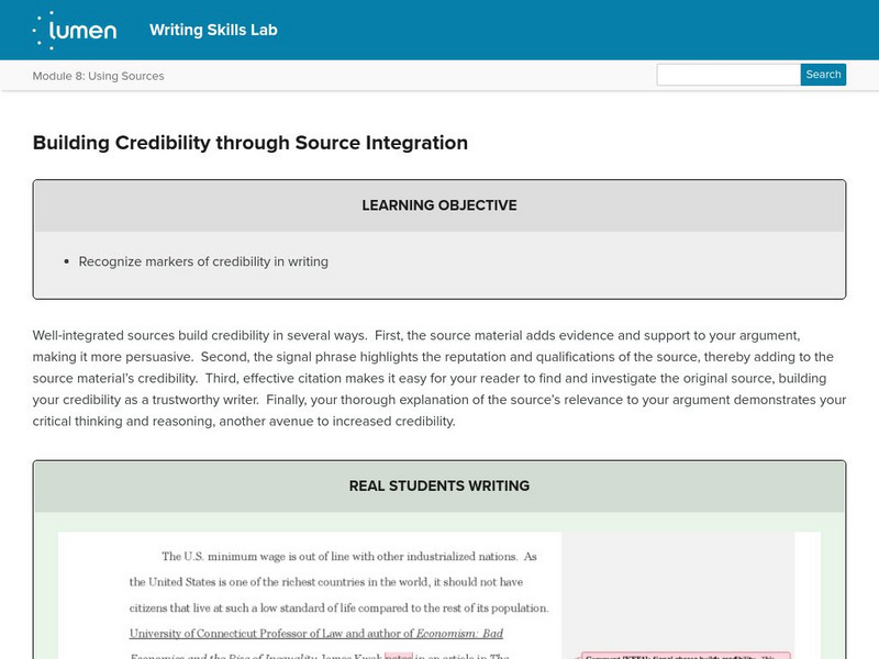 Lumen: Using Sources: Building Credibility Through Source Integration Lesson Plan Lumen: Using Sources: Building Credibility Through Source Integration Lesson Plan