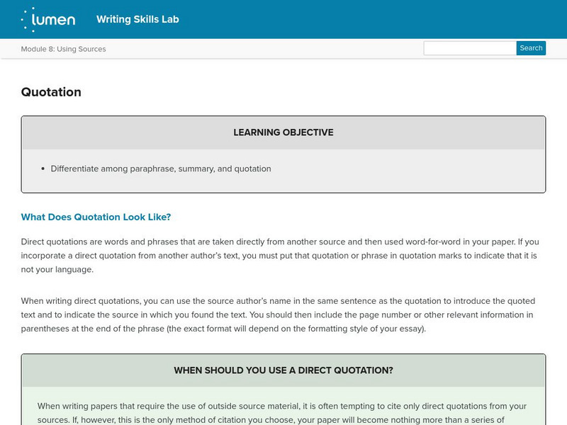 Lumen: Using Sources: Quotation Lesson Plan Lumen: Using Sources: Quotation Lesson Plan