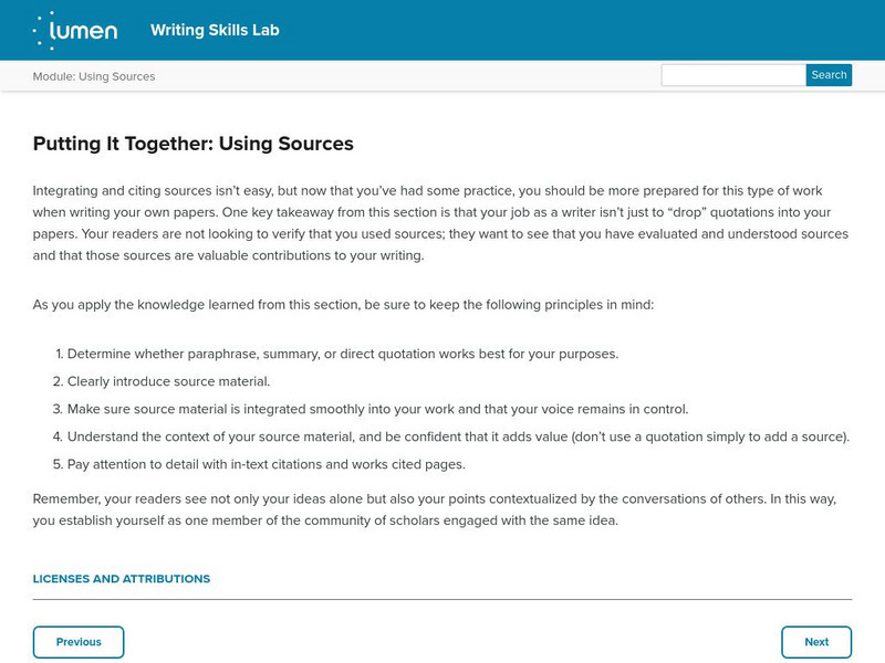 Lumen: Using Sources: Putting It Together: Using Sources Lesson Plan