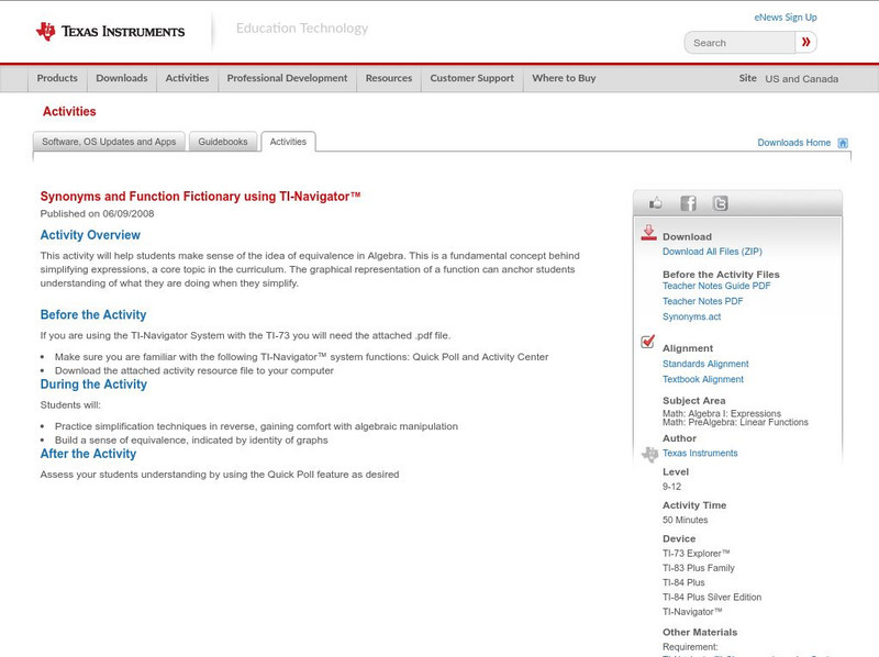 Texas Instruments: Synonyms and Function Fictionary Using Ti Navigator Activity Texas Instruments: Synonyms and Function Fictionary Using Ti Navigator Activity