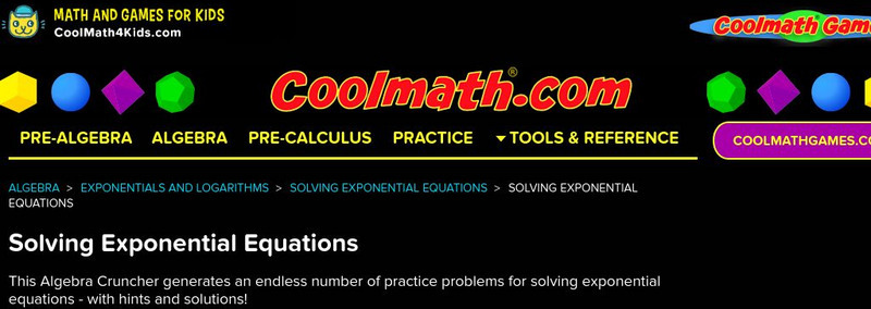 Coolmath: Solving Exponential Equations Exercises Interactive
