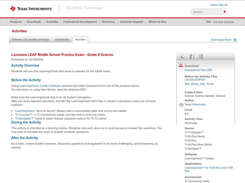 Texas Instruments: Louisiana Leap Middle School Practice Exam Grade 8 Science Activity Texas Instruments: Louisiana Leap Middle School Practice Exam Grade 8 Science Activity