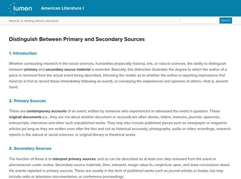 Lumen: Distinguish Between Primary and Secondary Sources Lesson Plan Lumen: Distinguish Between Primary and Secondary Sources Lesson Plan