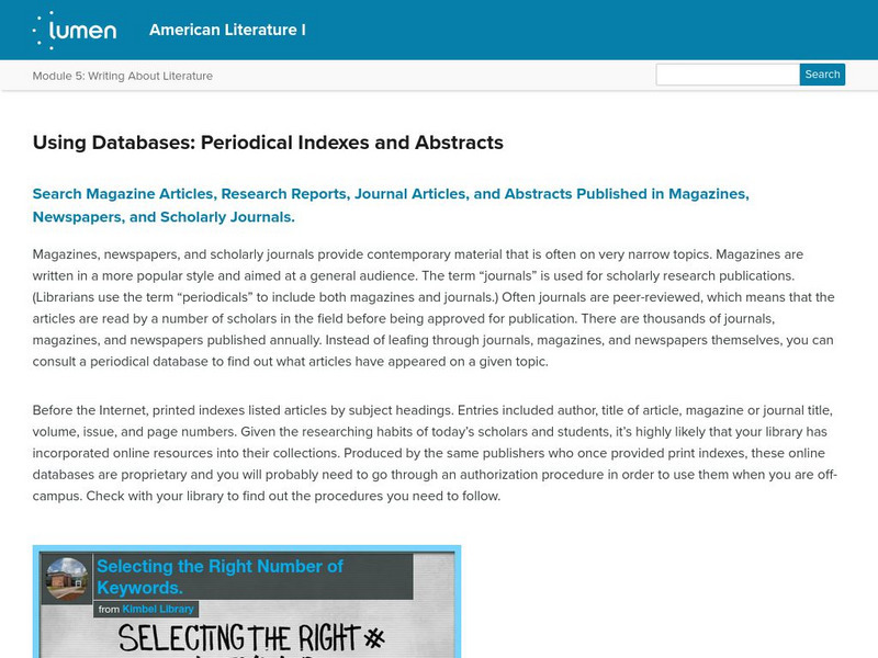 Lumen: Using Databases: Periodical Indexes and Abstracts Lesson Plan