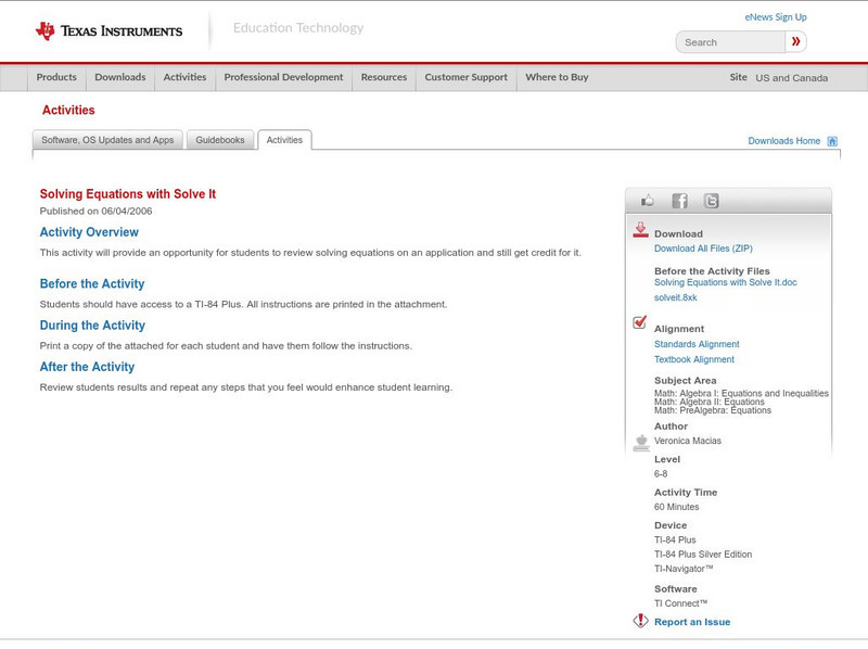 Texas Instruments: Solving Equations With Solve It Activity