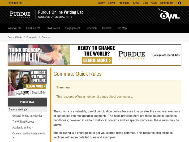 Purdue University Owl: Commas: Quick Rules Handout Purdue University Owl: Commas: Quick Rules Handout