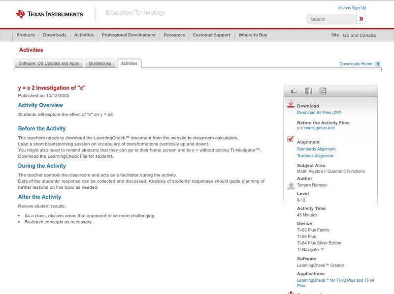 Texas Instruments: Y = X 2 Investigation of "C" Activity