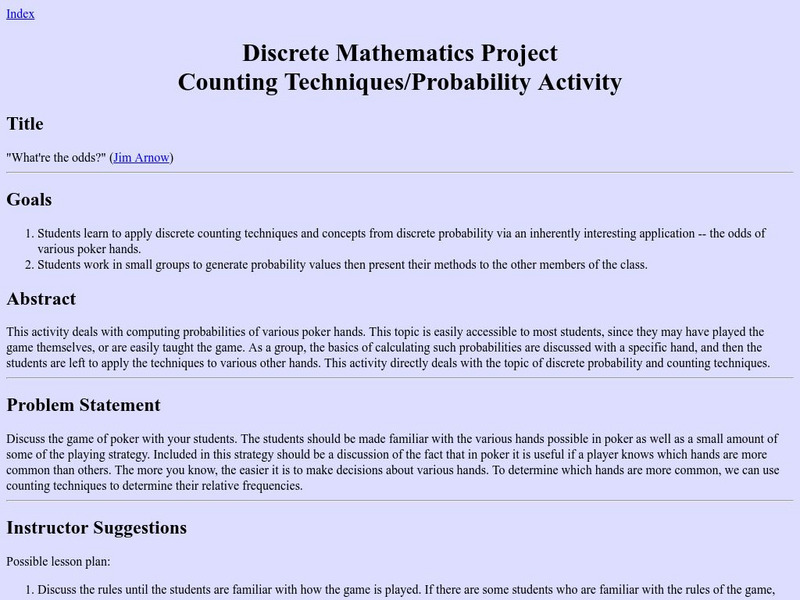 University of Colorado: Discrete Mathematics Project: What're the Odds? Lesson Plan University of Colorado: Discrete Mathematics Project: What're the Odds? Lesson Plan