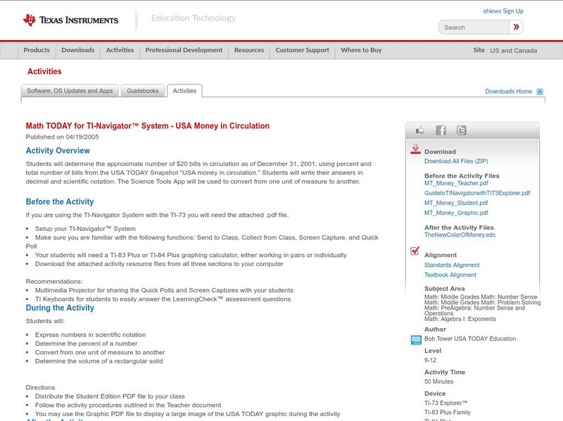 Texas Instruments: Math Today for Ti Navigator Usa Money in Circulation Activity Texas Instruments: Math Today for Ti Navigator Usa Money in Circulation Activity