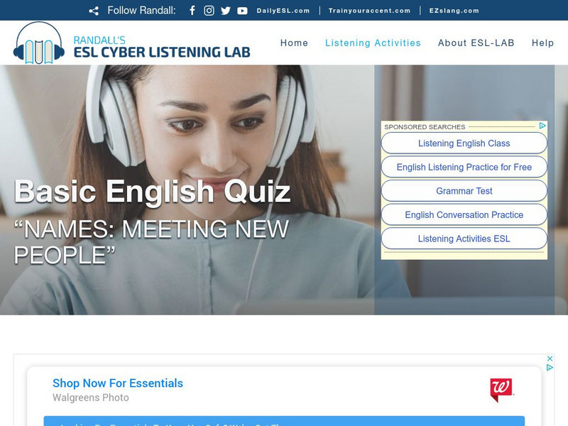 Esl Cyber Listening Lab: Basic English Quiz: Names: Meeting New People Unknown Type Esl Cyber Listening Lab: Basic English Quiz: Names: Meeting New People Unknown Type