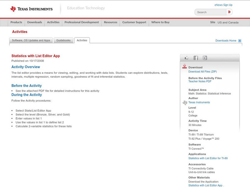Texas Instruments: Statistics With List Editor App Activity Texas Instruments: Statistics With List Editor App Activity