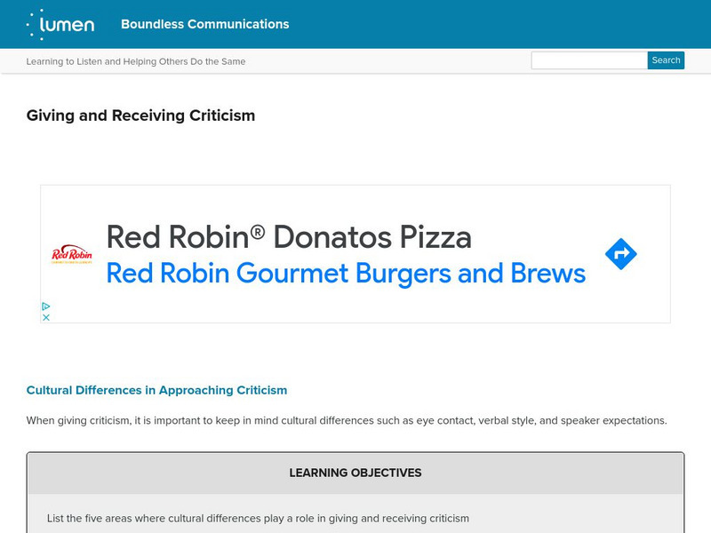 Lumen: Boundless Communications: Giving and Receiving Criticism Lesson Plan Lumen: Boundless Communications: Giving and Receiving Criticism Lesson Plan
