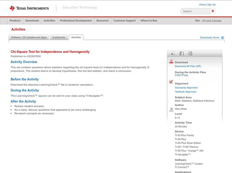 Texas Instruments: Chi Square Test for Independence, and Homogeneity Activity Texas Instruments: Chi Square Test for Independence, and Homogeneity Activity