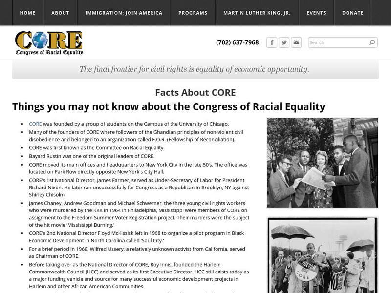 Congress of Racial Equality: Facts About Core Handout Congress of Racial Equality: Facts About Core Handout