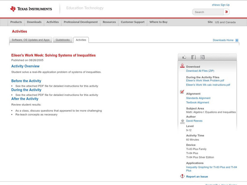 Texas Instruments: Eileen's Work Week: Solving Systems of Inequalities Activity Texas Instruments: Eileen's Work Week: Solving Systems of Inequalities Activity