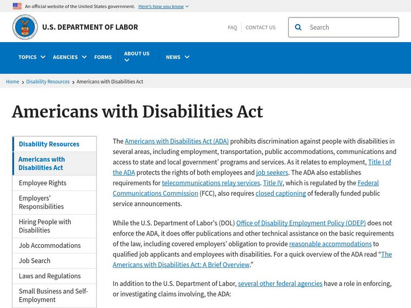 U.s. Department of Labor: Americans With Disabilities Act Website U.s. Department of Labor: Americans With Disabilities Act Website