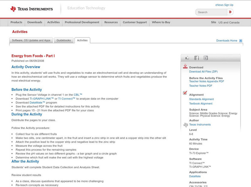 Texas Instruments: Energy From Foods: Part I Activity Texas Instruments: Energy From Foods: Part I Activity