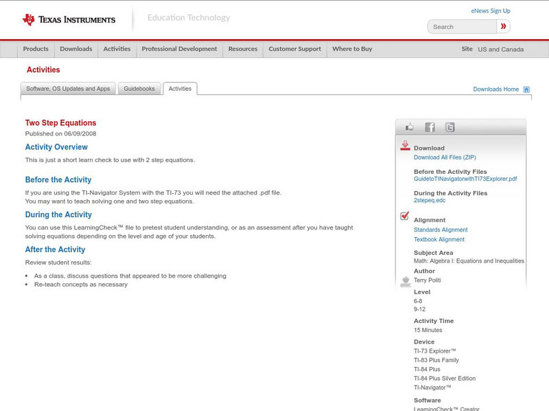 Texas Instruments: 2 Step Equations Activity