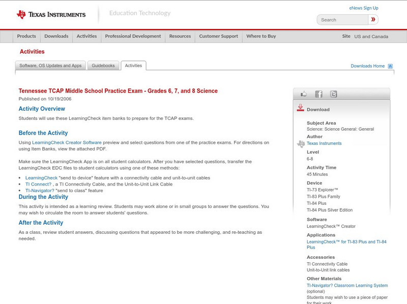Texas Instruments: Tennessee Middle School Practice Exam 6, 7 & 8 Science Activity