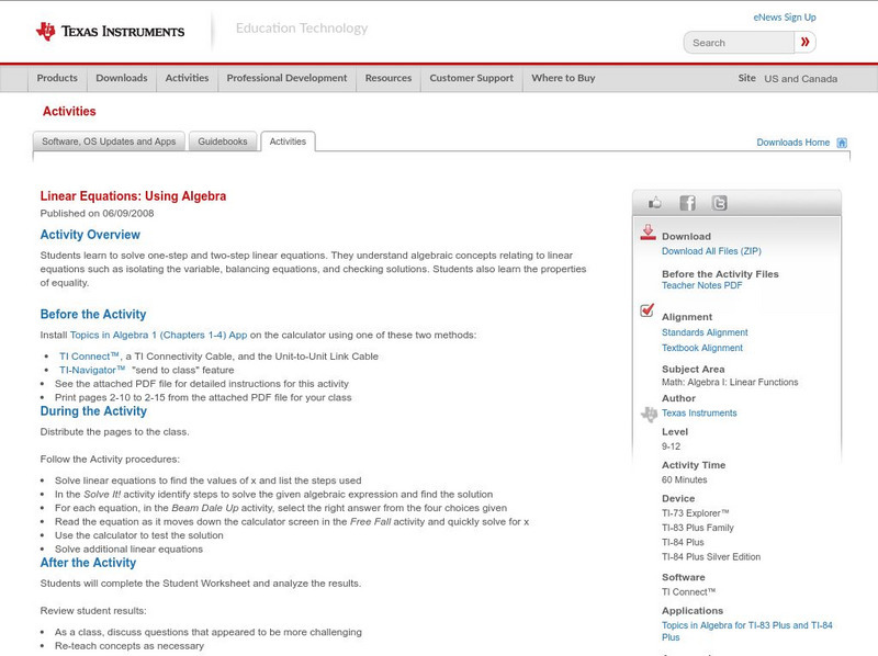 Texas Instruments: Linear Equations: Using Algebra Activity