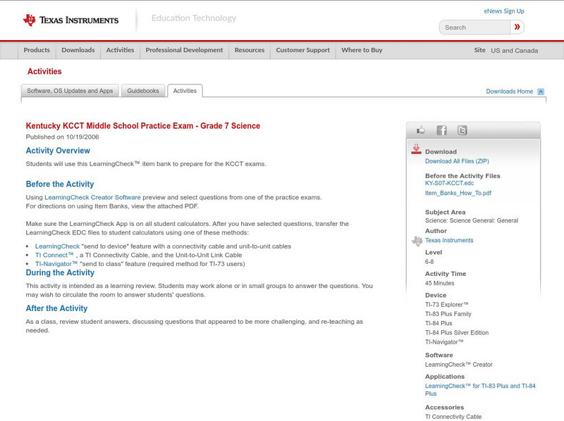 Texas Instruments: Kentucky Kcct Middle School Practice Exam Grade 7 Science Activity