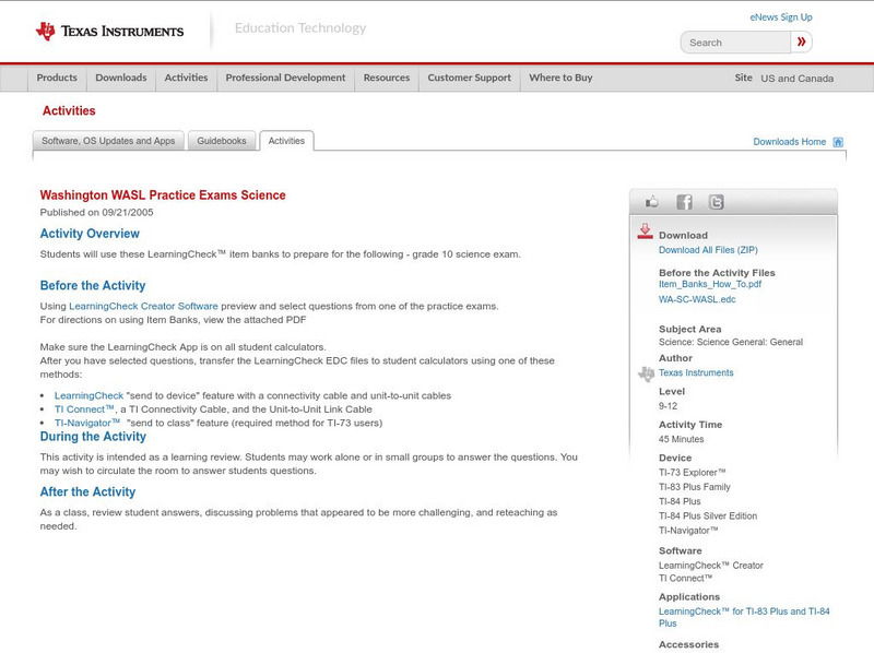 Texas Instruments: Washington Wasl Practice Exams Science Activity