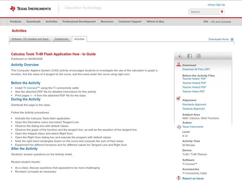 Texas Instruments: Calculus Tools Ti 89 Flash Application How to Guide Activity