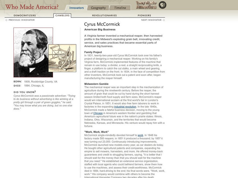 Pbs: Who Made America?: Innovators: Cyrus Mc Cormick Handout Pbs: Who Made America?: Innovators: Cyrus Mc Cormick Handout