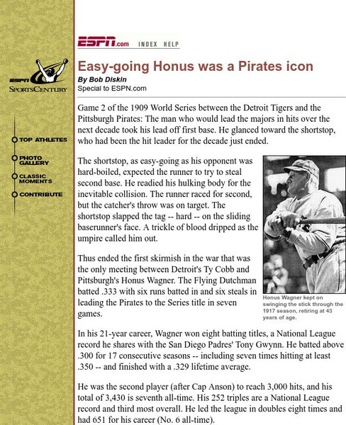 Espn: Easy Going Honus Was a Pirates Icon Article Espn: Easy Going Honus Was a Pirates Icon Article