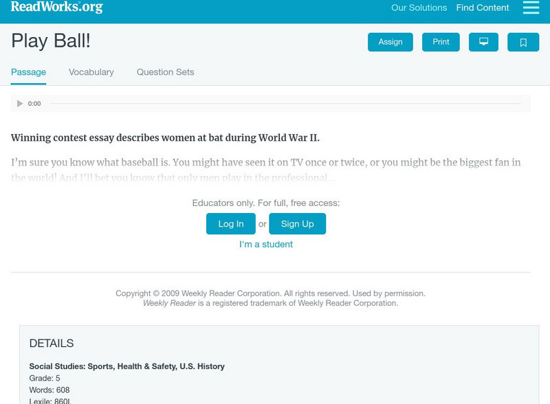 Read Works: Play Ball! Activity Read Works: Play Ball! Activity