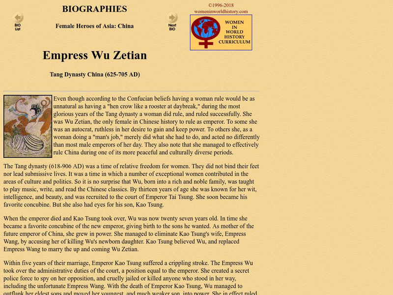 Women in World History Curriculum: Female Heroes: China: Empress Wu Zetian Handout