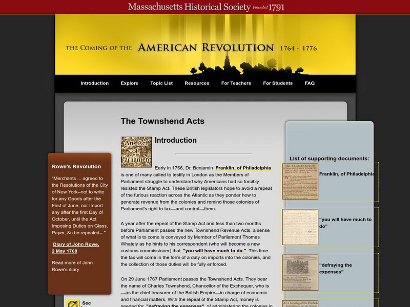 Mhs: Coming of the American Revolution: Townshend Acts Unit Plan Mhs: Coming of the American Revolution: Townshend Acts Unit Plan