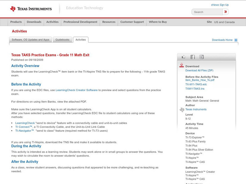 Texas Instruments: Texas Taks Practice Exams Grade 11 Math Exit Activity