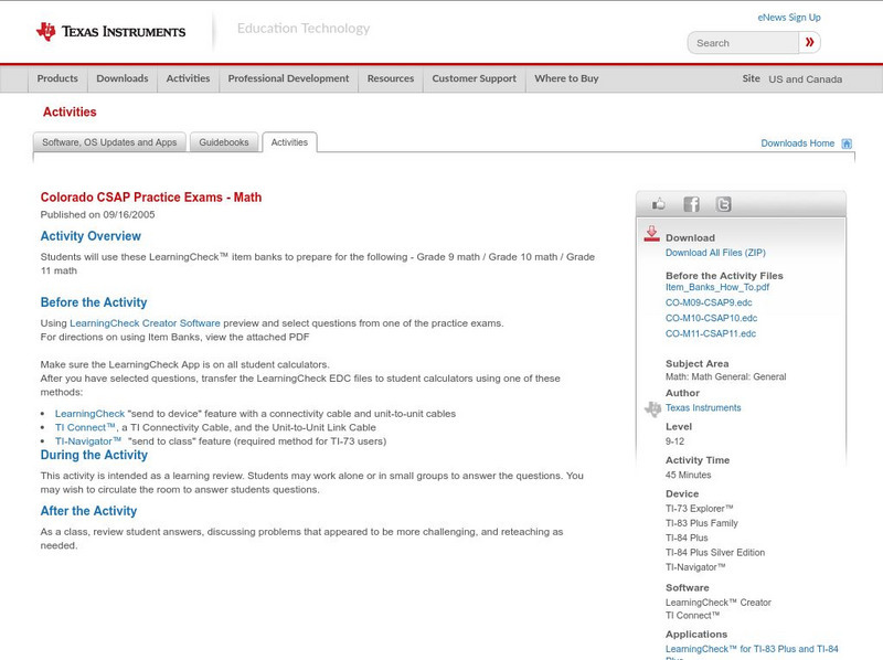 Texas Instruments: Colorado Csap Practice Exams Math Activity