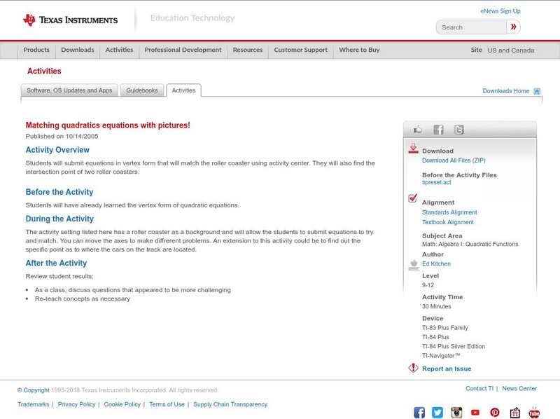 Texas Instruments: Matching Quadratics Equations With Pictures! Activity Texas Instruments: Matching Quadratics Equations With Pictures! Activity