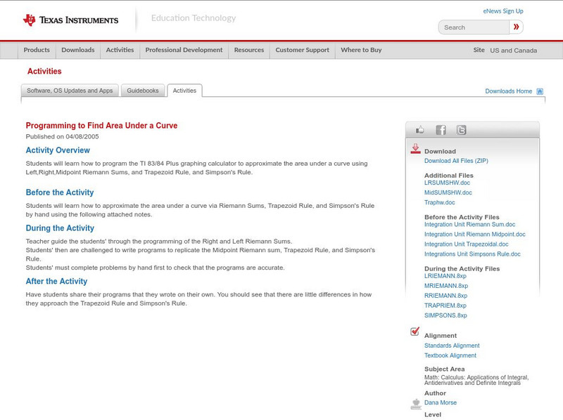 Texas Instruments: Programming to Find Area Under a Curve Activity Texas Instruments: Programming to Find Area Under a Curve Activity