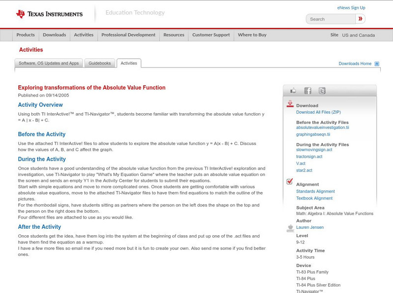Texas Instruments: Exploring Transformations of the Absolute Value Function Activity Texas Instruments: Exploring Transformations of the Absolute Value Function Activity