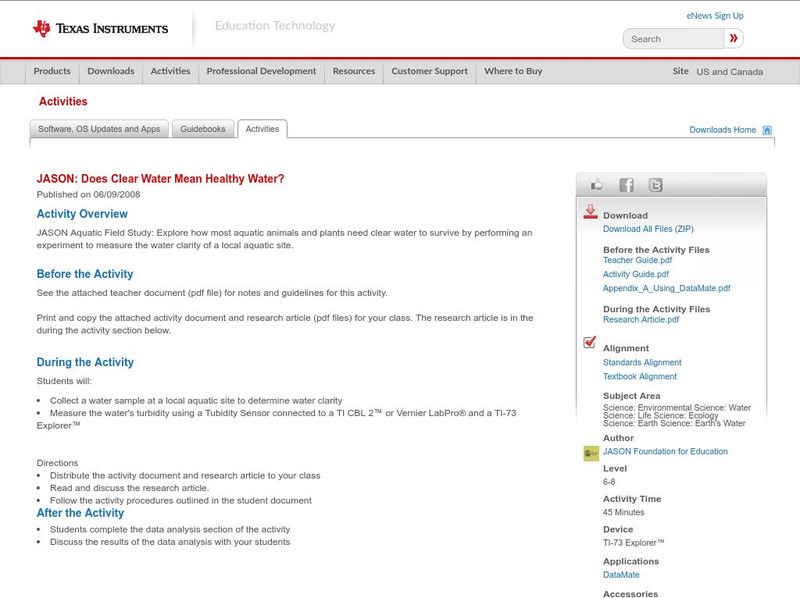Texas Instruments: Jason: Does Clear Water Mean Healthy Water? Activity