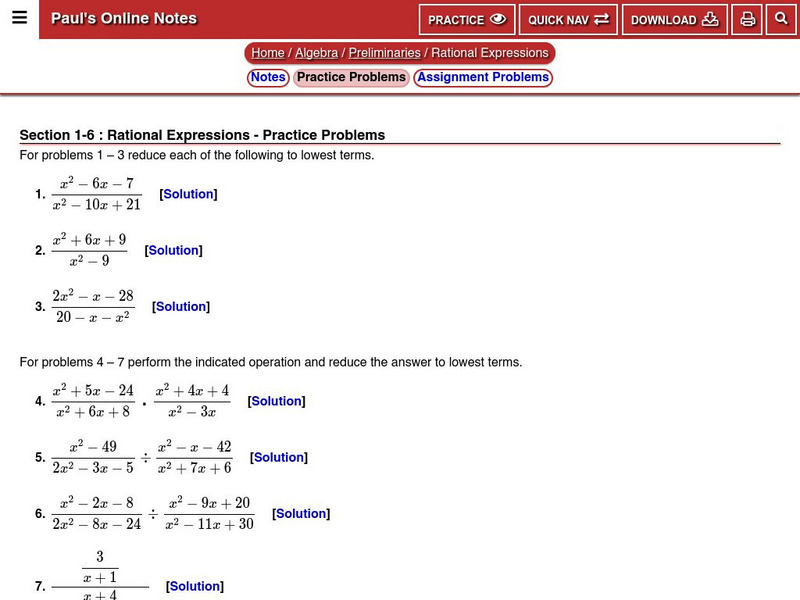 Paul's Online Notes: Rational Expressions: Practice Problems Unknown Type Paul's Online Notes: Rational Expressions: Practice Problems Unknown Type
