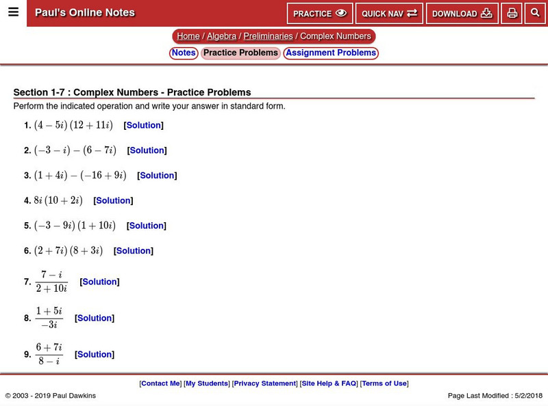 Paul's Online Notes: Complex Numbers: Practice Problems Unknown Type Paul's Online Notes: Complex Numbers: Practice Problems Unknown Type