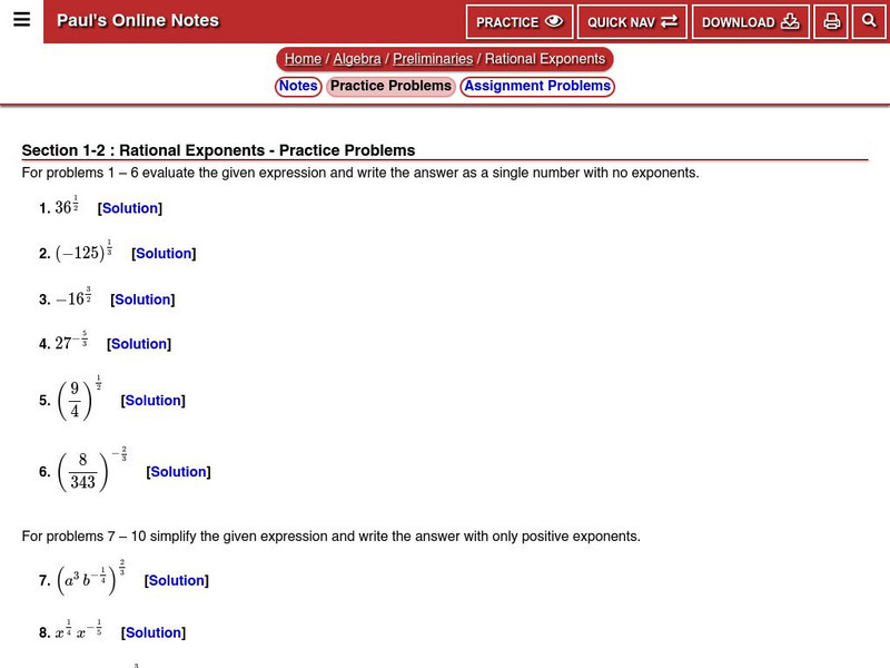 Paul's Online Notes: Rational Exponents: Practice Problems Unknown Type Paul's Online Notes: Rational Exponents: Practice Problems Unknown Type