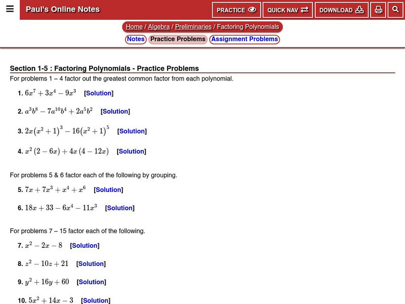 Paul's Online Notes: Factoring Polynomials: Practice Problems Unknown Type Paul's Online Notes: Factoring Polynomials: Practice Problems Unknown Type