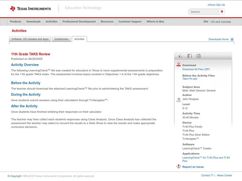 Texas Instruments: 11th Grade Taks Review Activity Texas Instruments: 11th Grade Taks Review Activity