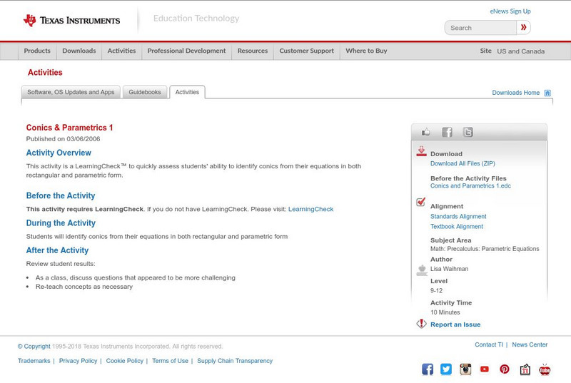 Texas Instruments: Conics & Parametrics 1 Activity