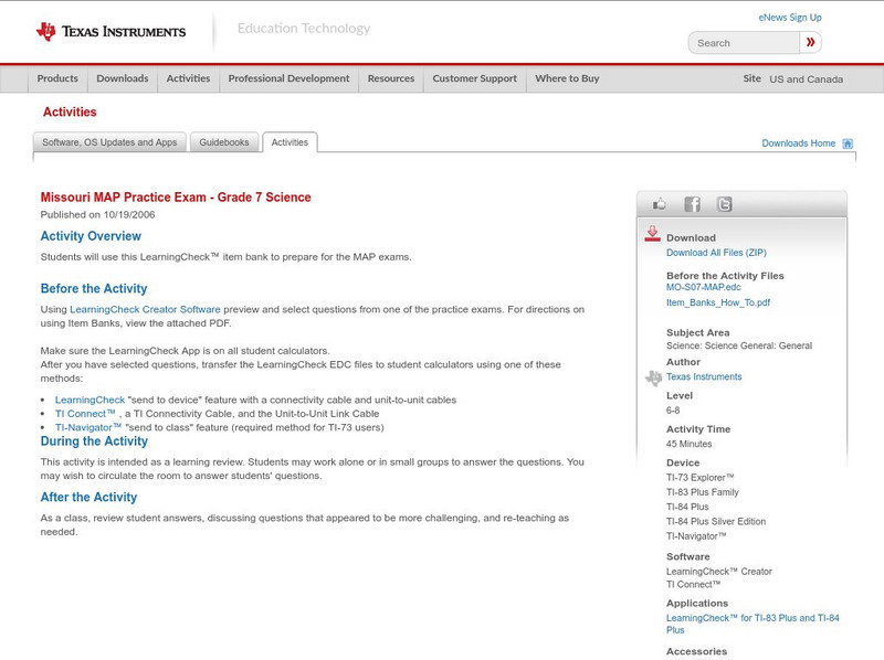 Texas Instruments: Missouri Map Practice Exam Grade 7 Science Activity