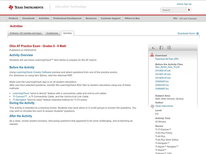Texas Instruments: Ohio at Practice Exam Grades 6 8 Math Activity