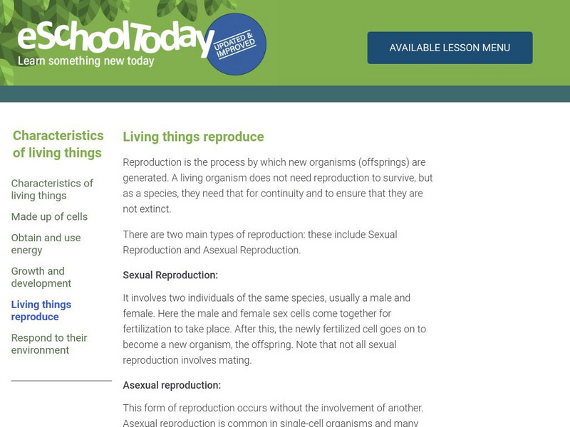 E School Today: Living Things Reproduce Handout E School Today: Living Things Reproduce Handout